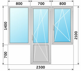 Балконный блок Т-образный из алюминия 2300x2100