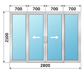 Четырехстворчатая дверь остекленная NEWTEC 2800x2100