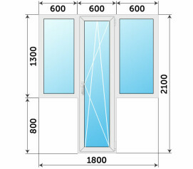 Пластиковый балконный блок Т-образный остекленный 1800x2100